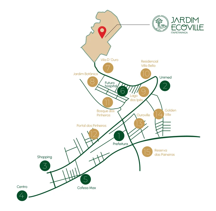 Mapa do entorno do Jardim Ecoville com prefeitura, Unimed, shopping, centro, Cofesa Max e futuro hospital